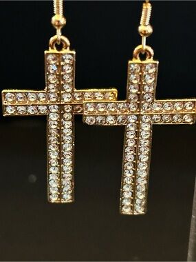 Golden Crystal Cross Drop Pierced Earrings with Clear Rhinestones NWT
